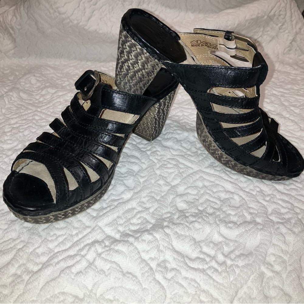 Josef Seibel high heel leather open back sandals, black, size 38